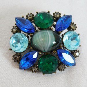 Gerard Yosca Blue Flawed Glass Cabochon Rhinestone Blue Green Pin Brooch Vintage